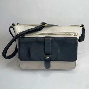 Fossil Leather Crossbody Bag White Navy Gold Zip Flap Multi Pocket